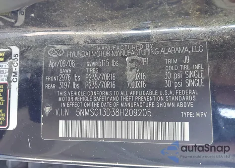 2008 Hyundai Santa Fe Gls z USA, uszkodzony, nr VIN 5NMSG13D38H209205